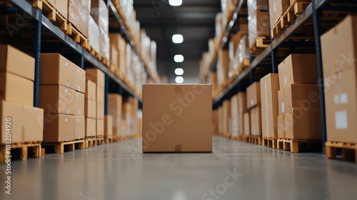 Warehouse scene with stacks of cardboard boxes on pallets, highlighting large-scale storage and distribution in an industrial setting.