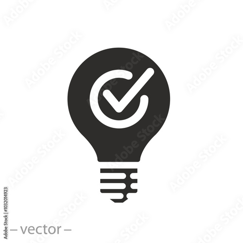 icon of light bulb with checkmark, flat vector illustration