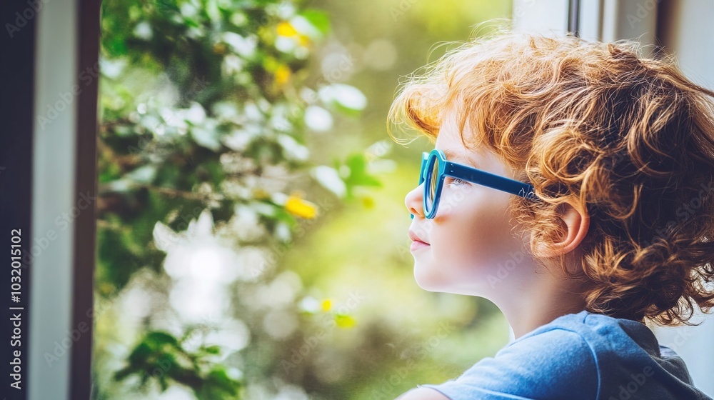 Young child wearing blue glasses focusing on distant tree outside window, symbolizing myopia prevention and importance of outdoor activities. Young child wearing blue glasses focusing on distant tree outside window, symbolizing myopia prevention and importance of outdoor activities.