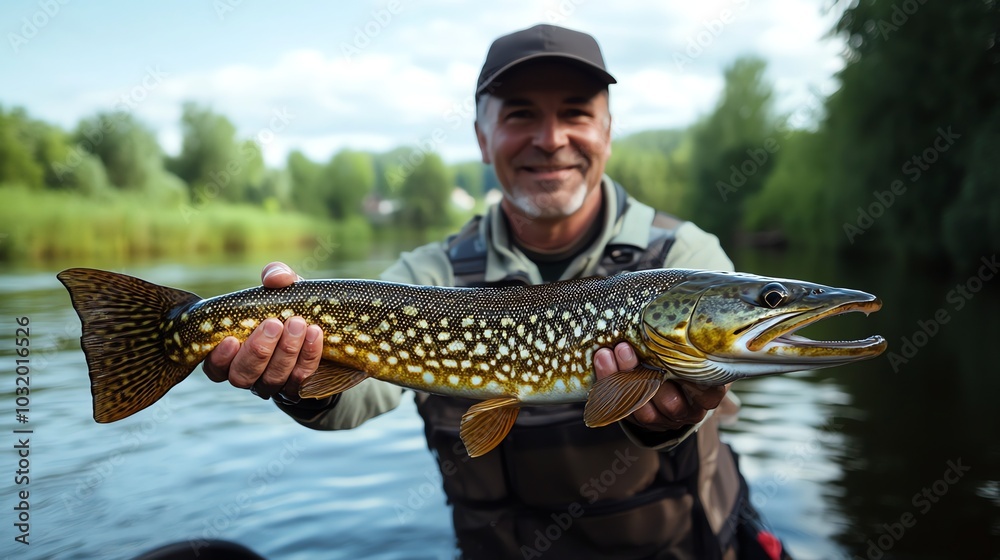 A man smiles and holds up a fish he just caught.