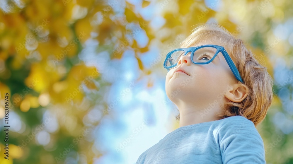 Young child wearing blue glasses focusing on distant tree outside window, symbolizing myopia prevention and importance of outdoor activities. Young child wearing blue glasses focusing on distant tree outside window, symbolizing myopia prevention and importance of outdoor activities.