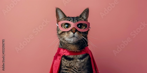 A heroic ginger cat wearing glasses and a cape poses against a bright blue background