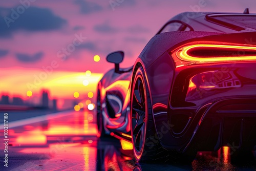 A close up of a sports car on a wet road