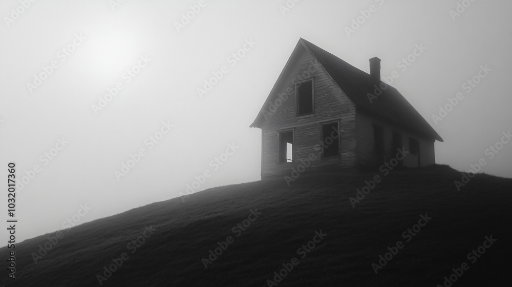 A dilapidated house on a foggy hill, with shadows moving past the windows. A dilapidated house on a foggy hill, with shadows moving past the windows.