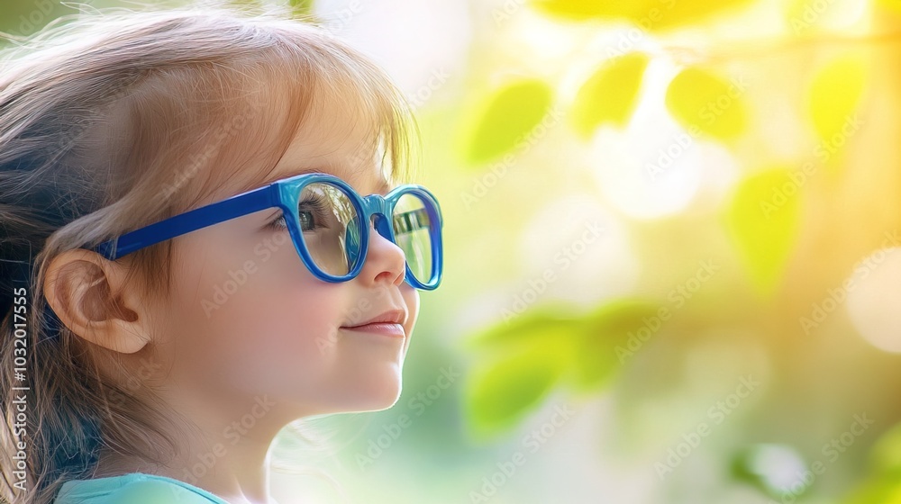 Young child wearing blue glasses focusing on distant tree outside window, symbolizing myopia prevention and importance of outdoor activities. Young child wearing blue glasses focusing on distant tree outside window, symbolizing myopia prevention and importance of outdoor activities.