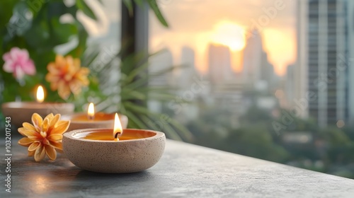Glowing Diwali candles arranged in a row create a warm inviting atmosphere in a cozy home interior celebrating the Hindu festival of lights