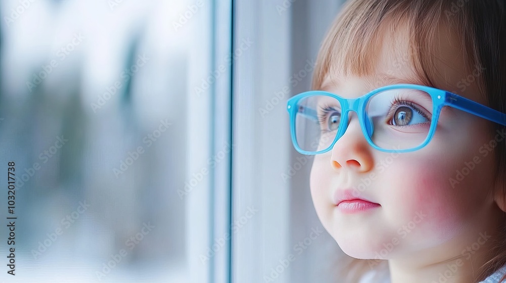 Young child wearing blue glasses focusing on distant tree outside window, symbolizing myopia prevention and importance of outdoor activities.