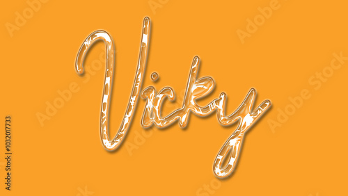 3D Thick Transparent Liquid text effect of name Vicky on Yellow Background. photo