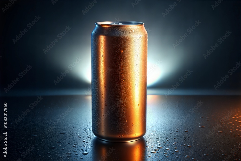 Cold aluminum can with condensation under warm light energy drink feel Cold aluminum can with condensation under warm light energy drink feel