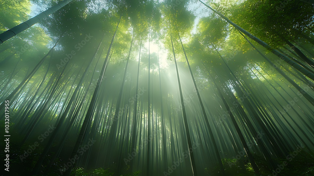 Sunlight beams through a misty bamboo forest, creating a serene and ethereal atmosphere. Sunlight beams through a misty bamboo forest, creating a serene and ethereal atmosphere.