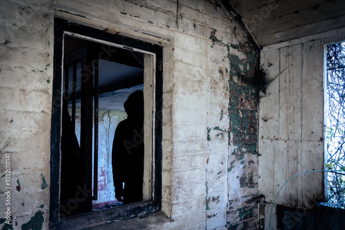 A creepy horror concept. Inside a ruined abandoned house. With a spooky dark hooded figure silhouetted through a window photo