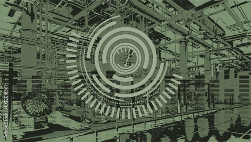 Abstrakte Vektor Darstellung Industrie Anlagen - Produktion und Herstellung mit Rohrleitungen und Maschinen - Analyse und Auswertung Energie