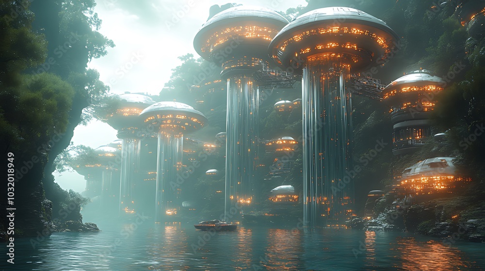 Fototapeta premium Futuristic city built in a lush jungle with a river flowing through the middle. There are many flying saucer shaped buildings with glowing lights.