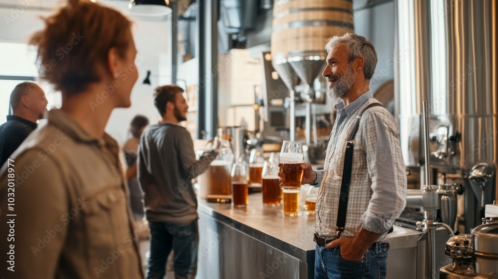 Small Craft Brewery with the Owner Testing a New Beer Recipe in the Brewing Equipment Small Craft Brewery with the Owner Testing a New Beer Recipe in the Brewing Equipment