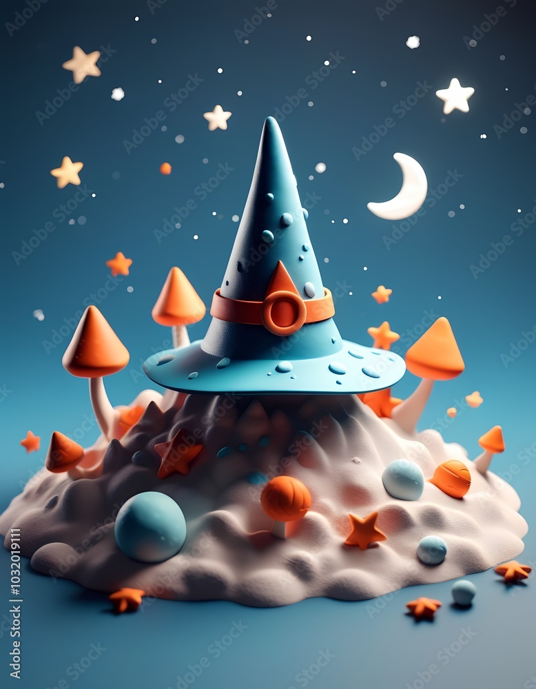Witch's hat surrounded by tiny clay stars and a moon in 3D clay style Witch's hat surrounded by tiny clay stars and a moon in 3D clay style