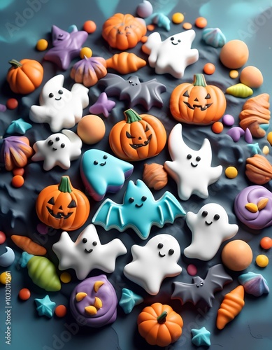 Halloween treats featuring ghosts and bats in 3D clay style