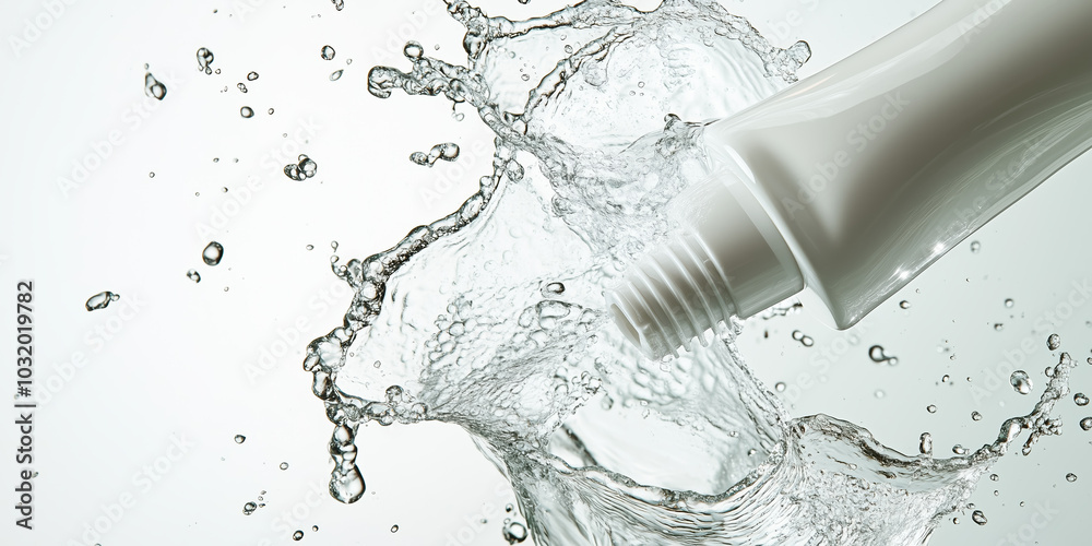 Airborne White Washing Gel Tube Surrounded by Dynamic Water Splashes on a Pristine White Surface for Promotional Product Photography Airborne White Washing Gel Tube Surrounded by Dynamic Water Splashes on a Pristine White Surface for Promotional Product Photography