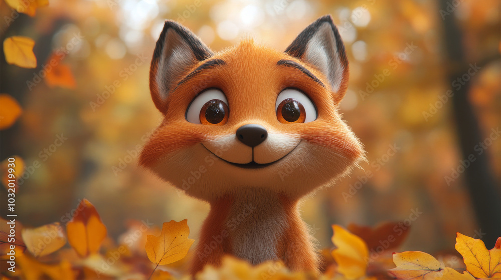 Fototapeta premium A cute cartoon fox admires the foliage