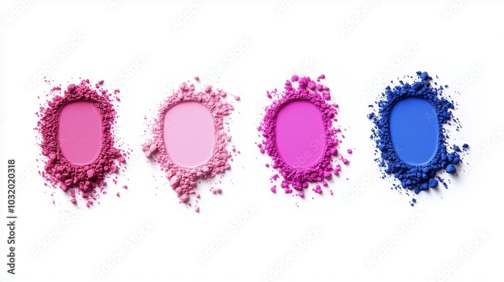 Colorful cosmetic powders arranged in four shades on white background. Colorful cosmetic powders arranged in four shades on white background.