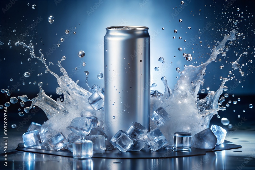 Drink can with ice and water splash refreshing energy drink concept Drink can with ice and water splash refreshing energy drink concept