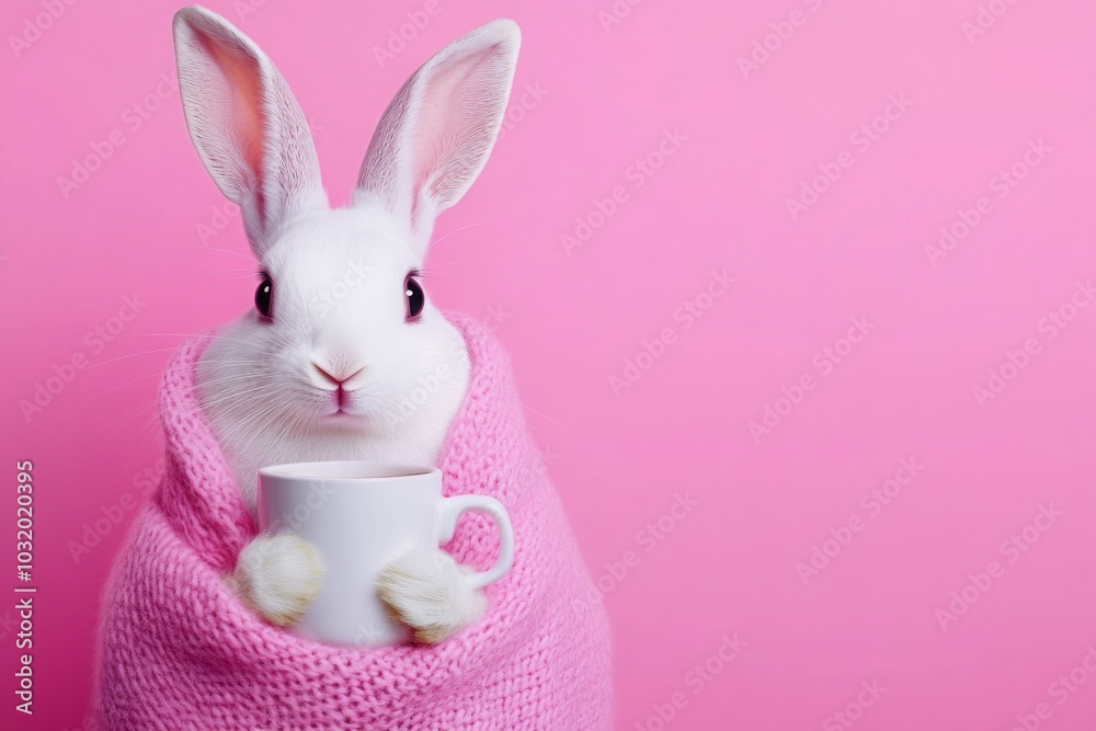a white rabbit wrapped in a cozy blanket, holding a cup of coffee on a pink background.
a white rabbit wrapped in a cozy blanket, holding a cup of coffee on a pink background.