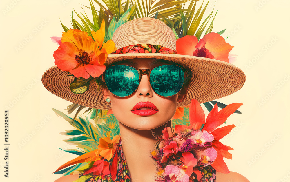 A fashion model, wearing sunglasses and a tropical flower hat, exudes summer vibes against a beige backdrop. A fashion model, wearing sunglasses and a tropical flower hat, exudes summer vibes against a beige backdrop.