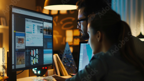 Collaborative app design session under warm night lighting, professionals working side by side on digital interface mockup with tech products in background.