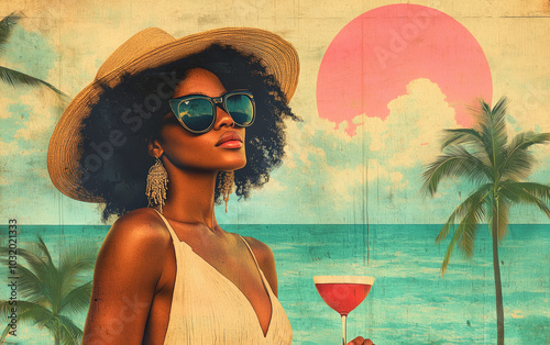 A beautiful Black woman, wearing sunglasses and a straw hat, holds a red wine glass against a beach background in a pastel-colored, retro-style illustration