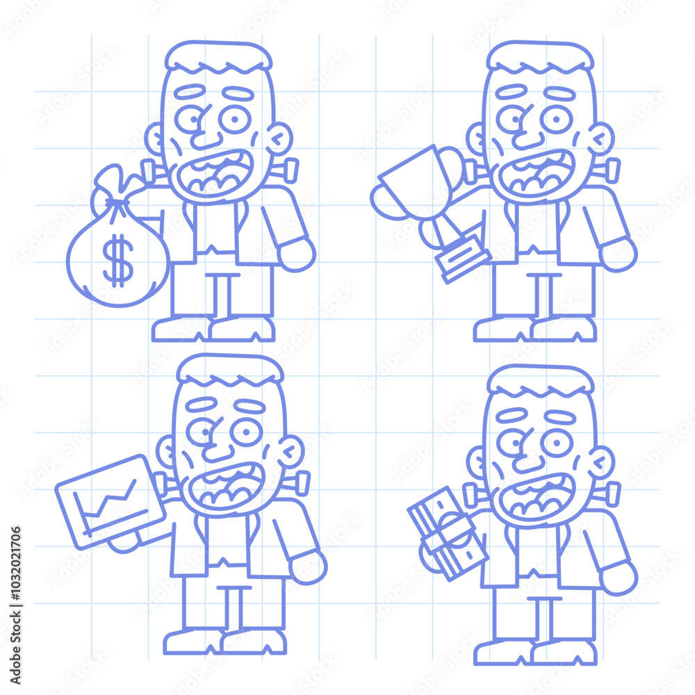Set doodle character monster holding various objects part three Set doodle character monster holding various objects part three