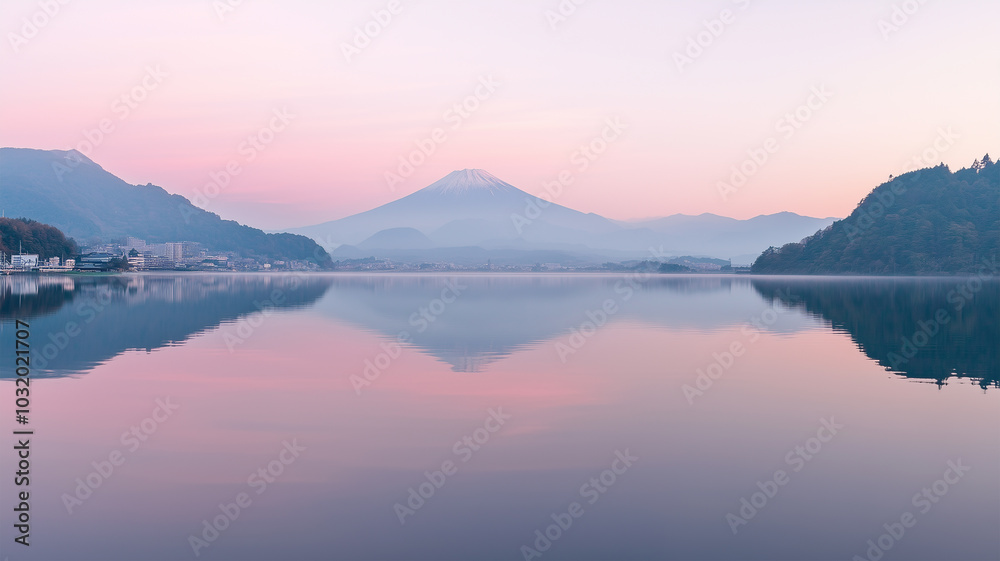 Fototapeta premium 河口湖から望む朝焼けの富士山