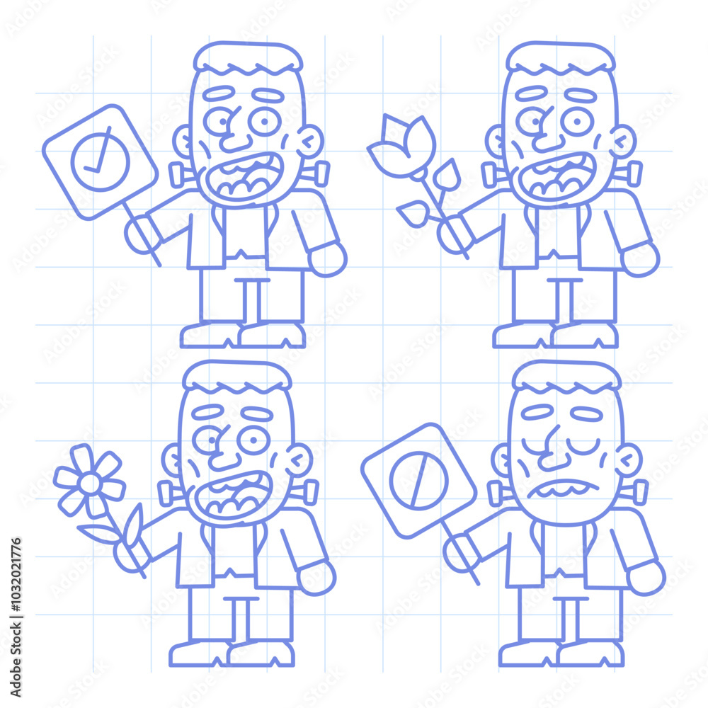 Set doodle character monster holding various objects part four Set doodle character monster holding various objects part four