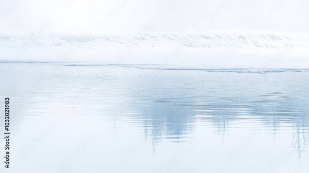Naklejka premium Serene Mirrored Landscape: Tranquil Lake Reflects the Horizon