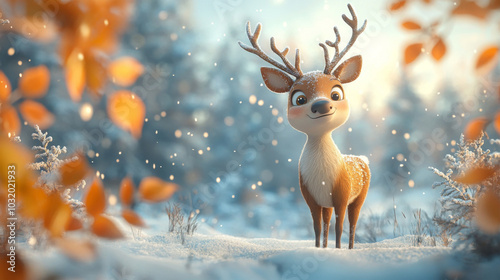 A cute deer in a fall winter forest