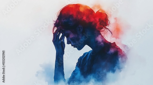 Mental healththemed illustration showing a man with his hand on her forehead her silhouette merging into soft watercolor strokes symbolizing emotional exhaustion and inner conflict photo