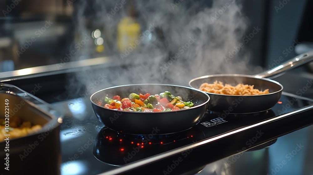 Fototapeta premium Two pans with colorful vegetables and noodles cooking on a modern stovetop with steam.