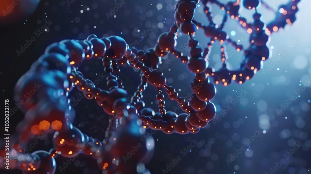 Dynamic visualization of dna structure with glowing molecules in deep blue background