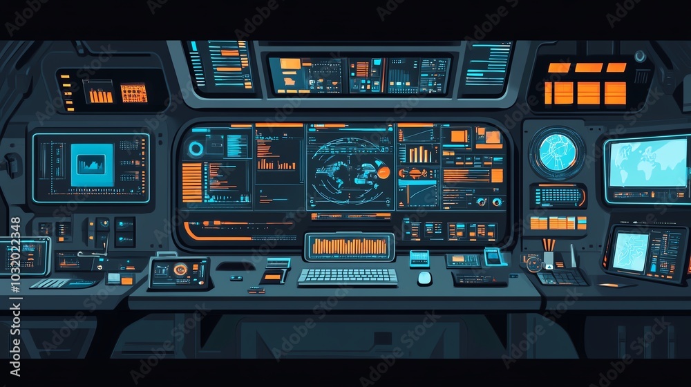 Futuristic spaceship control room with glowing monitors and advanced technology, showcasing a high-tech sci-fi environment. Futuristic spaceship control room with glowing monitors and advanced technology, showcasing a high-tech sci-fi environment.