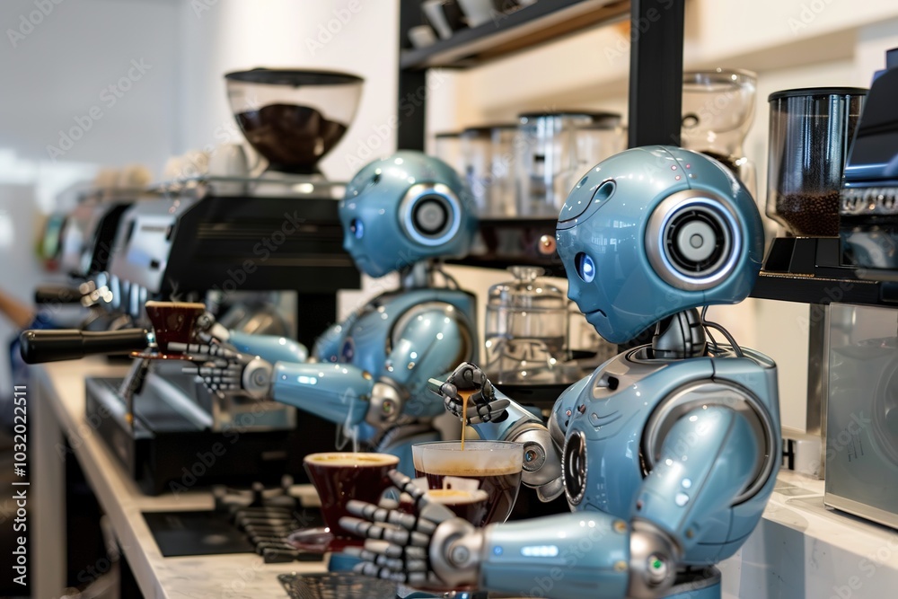 Robotic baristas making coffee in modern cafe setting Robotic baristas making coffee in modern cafe setting