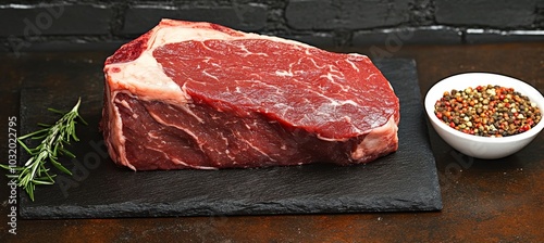 Raw, Fresh. Uncooked Beef Steak with Rosemary And Pepper on Black Serving Plate and stone Background photo