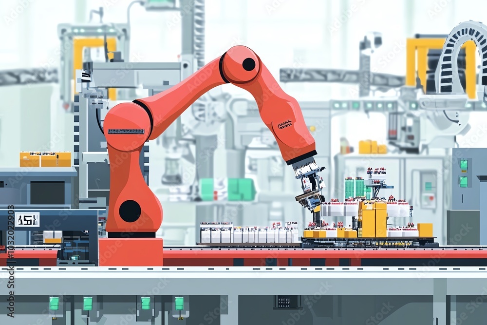 Red robotic arm in a modern factory setting, assembling products on a conveyor belt. Industrial automation and technology at work. Red robotic arm in a modern factory setting, assembling products on a conveyor belt. Industrial automation and technology at work.