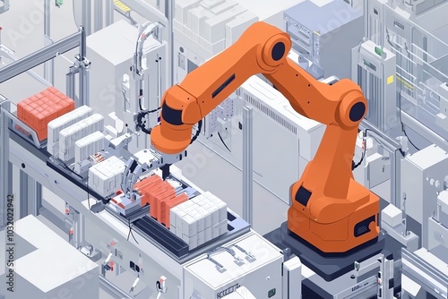 Orange robotic arm operating in a modern factory setting. Automation and technology in industrial manufacturing machinery.