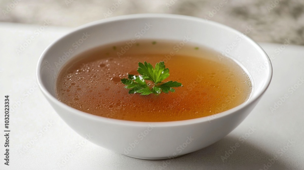 Bowl of clear vegetable broth garnished with fresh parsley on white surface Bowl of clear vegetable broth garnished with fresh parsley on white surface