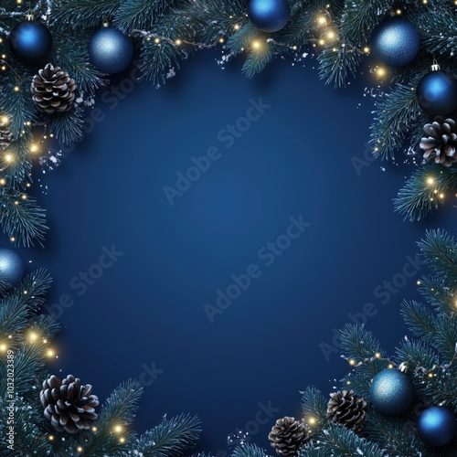 Square Christmas or New Year frame top view, decorative stars, balls and tree branches over blue navy background. Copyspace, place for text
