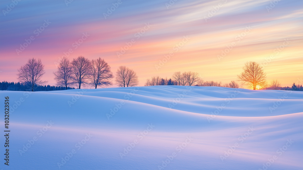 日の出に照らされた雪原の風景 日の出に照らされた雪原の風景