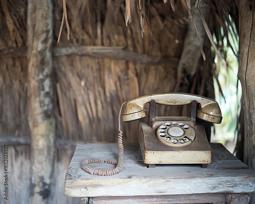 Vintage Rotary Phone on Rustic Wooden Table in Hut Setting