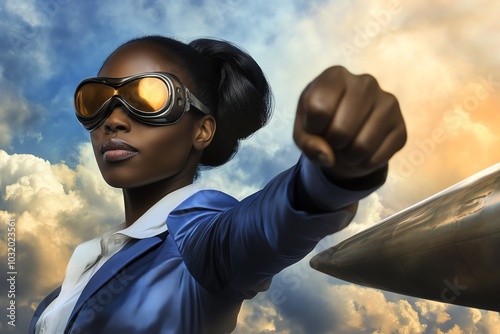 Determined Woman in Goggles with Fisted Hand Reaching Towards the Sky