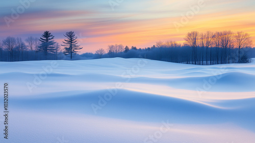 日の出に照らされた雪原の風景