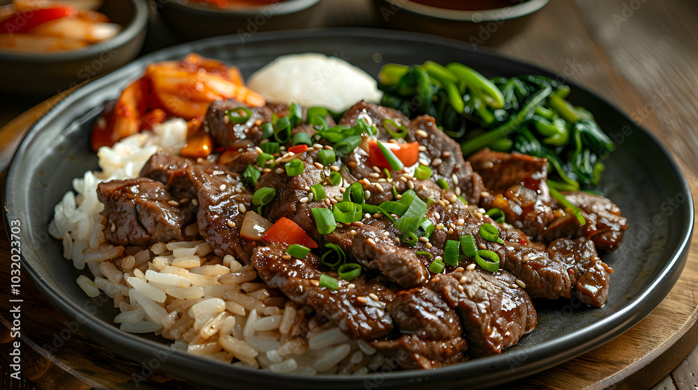 Fototapeta premium A plate of sizzling beef bulgogi with steamed rice and vegetables