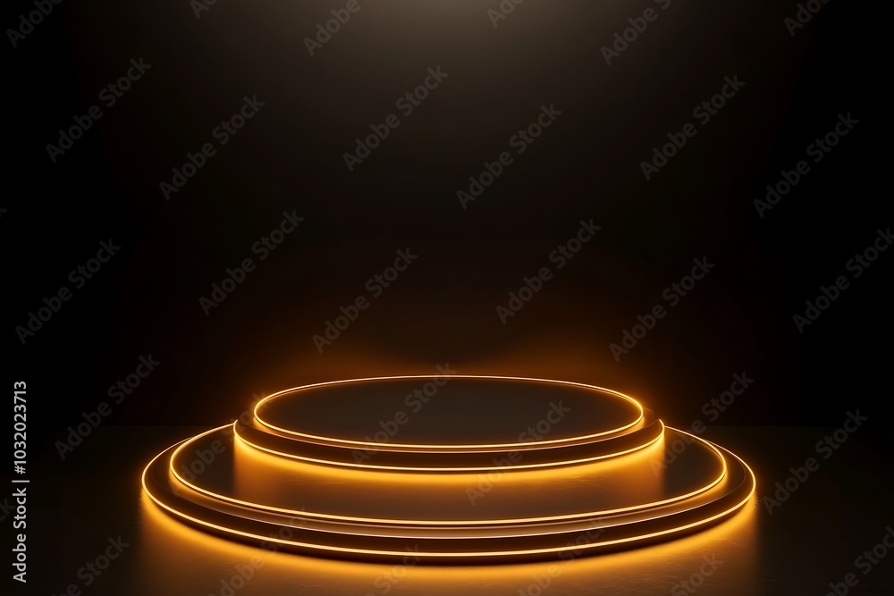 3D rendering product display stand with orange neon light on dark background. 3D rendering product display stand with orange neon light on dark background.