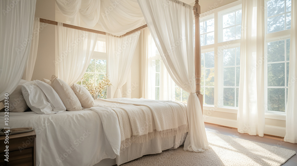 Cozy interior of a bright Balinese-style apartment with white walls, bamboo furniture, bed room with night lights, bed with  large windows, Bedroom interior with beige curtains and bed